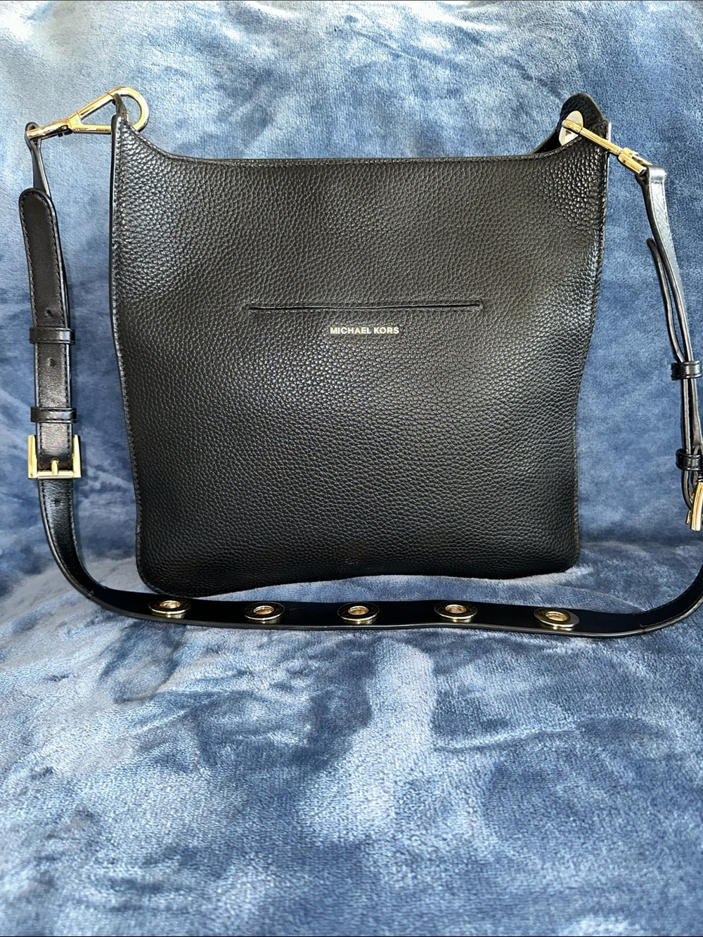 Michael Kors Black Pebbled Leather Hobo Crossbody with Gold Accents